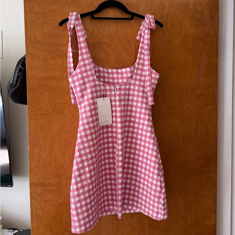 Zara Pink and White Gingham Tie-Shoulder Mini Dress - Picture 3 of 5